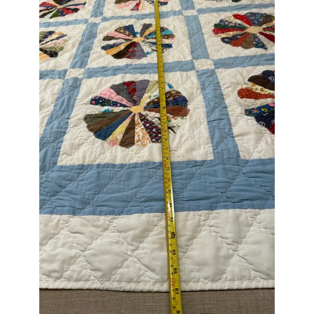 Vintage Handmade Dresden Plate Quilt Blue White Multicolor Patchwork 74x88